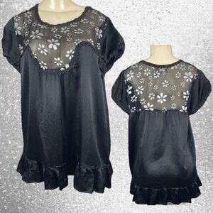 Blend L Black Silk Cotton Blend Floral Mesh Bodice Ruffle Hem Short Sleeve Top